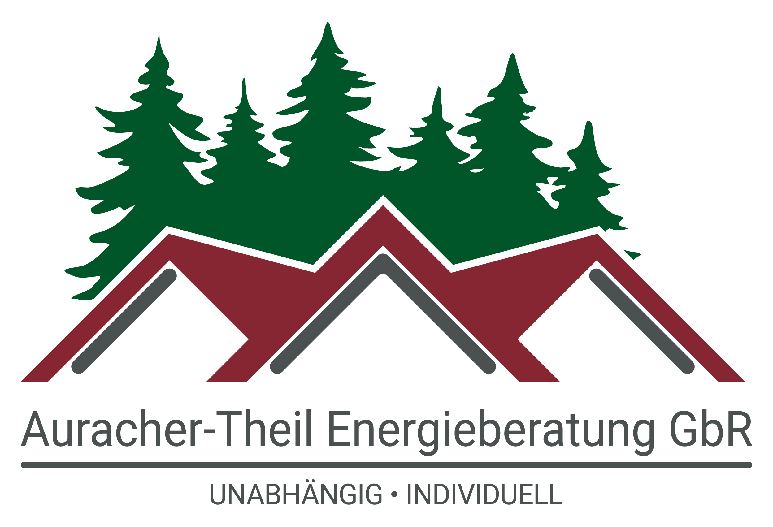 Haus mit rotem Dach und grünen Tannen im Hintergrund.